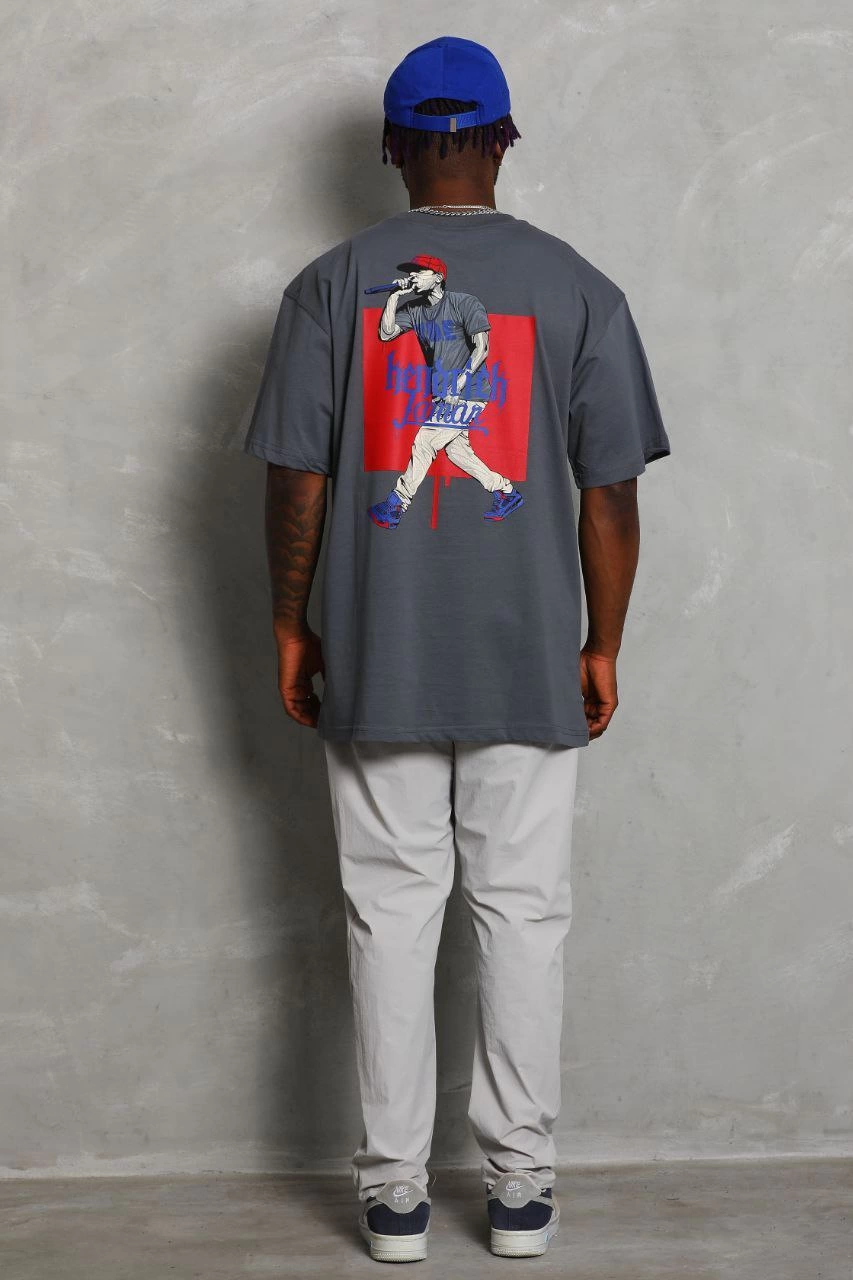 ASSEMA Unisex Oversize Baskılı Bisiklet Yaka T-Shirt - Füme