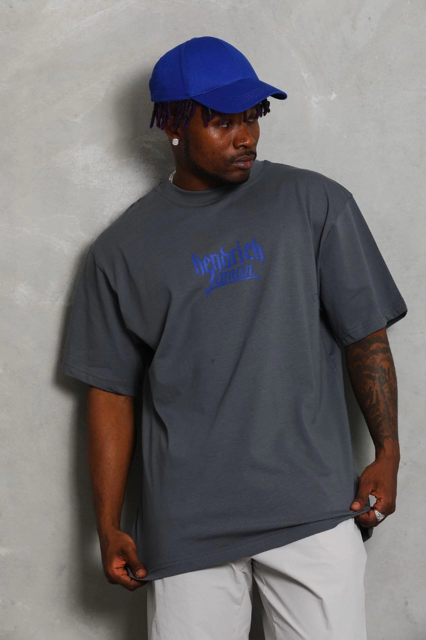 ASSEMA Unisex Oversize Baskılı Bisiklet Yaka T-Shirt - Füme