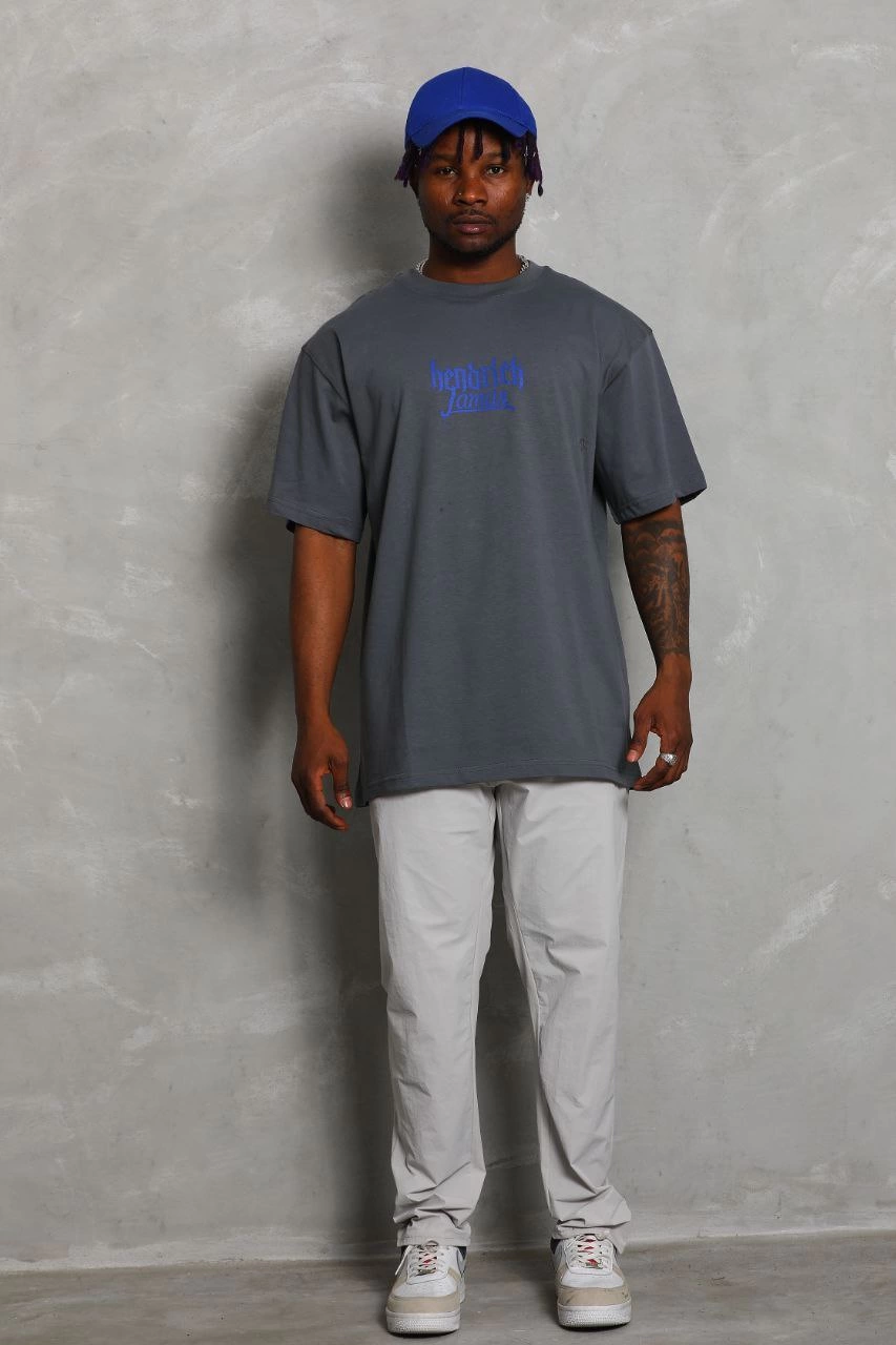ASSEMA Unisex Oversize Baskılı Bisiklet Yaka T-Shirt - Füme