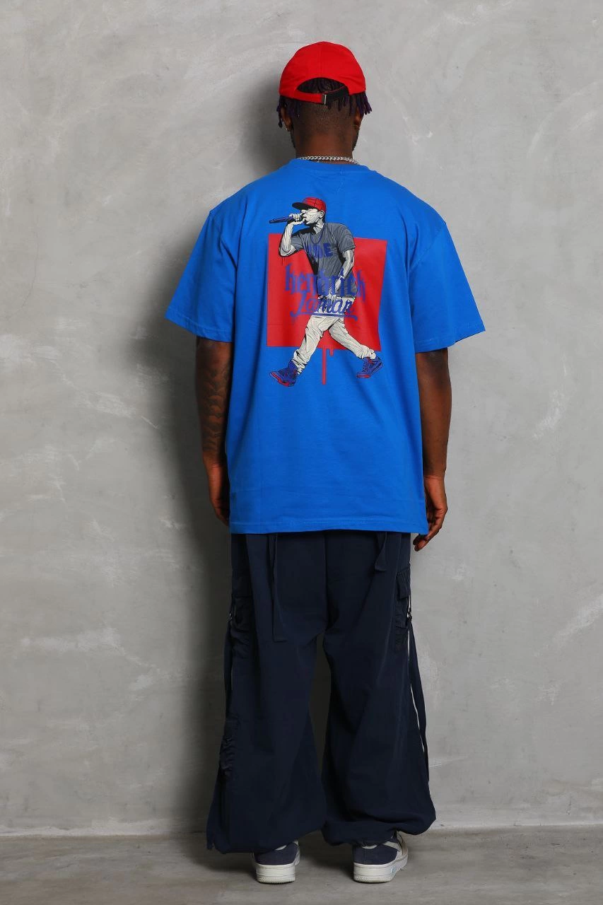 ASSEMA Unisex Oversize Baskılı Bisiklet Yaka T-Shirt - Mavi