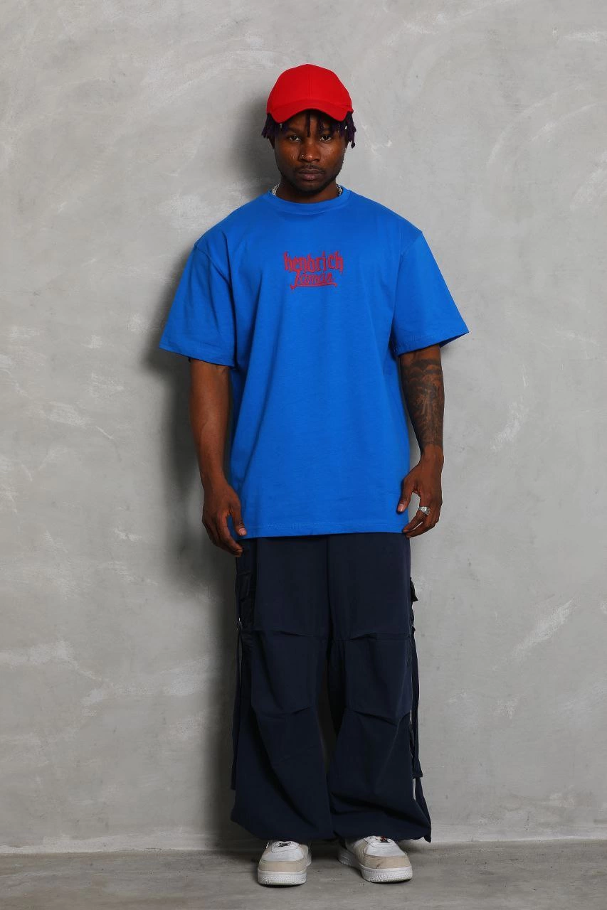 ASSEMA Unisex Oversize Baskılı Bisiklet Yaka T-Shirt - Mavi