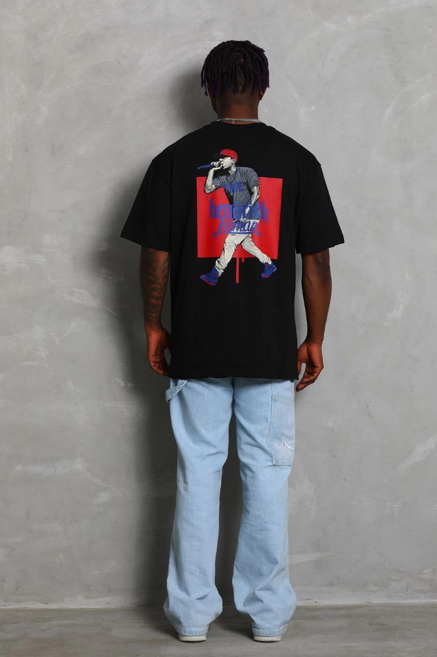 ASSEMA Unisex Oversize Baskılı Bisiklet Yaka T-Shirt - Siyah