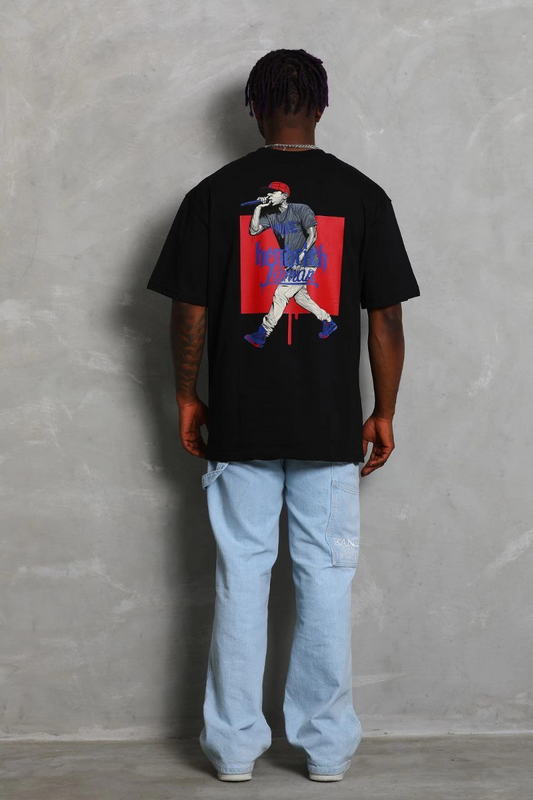 ASSEMA Unisex Oversize Baskılı Bisiklet Yaka T-Shirt - Siyah