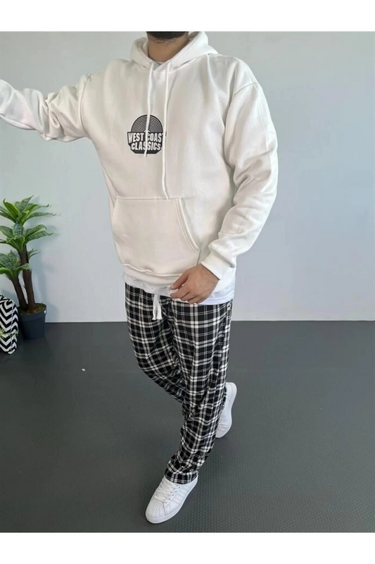 ASSEMA Erkek Oversize Üç İplik Kapüşonlu Sweatshirt Beyaz Ön Baskılı Kanguru Cepli Kalıp İçi