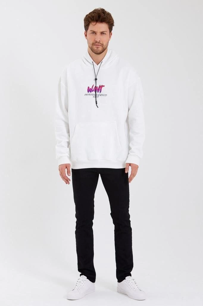ASSEMA Erkek Baskılı Üç İplik Kapüşonlu Oversize Sweatshirt - Beyaz