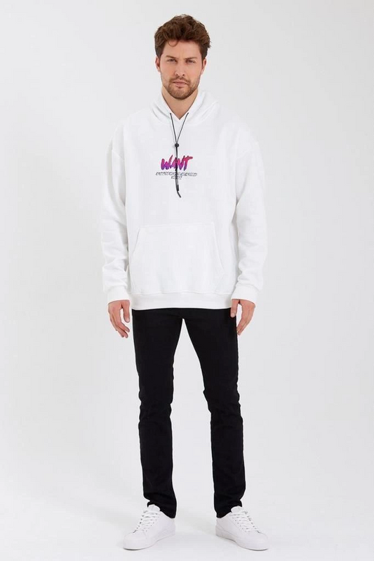 ASSEMA Erkek Baskılı Üç İplik Kapüşonlu Oversize Sweatshirt - Beyaz