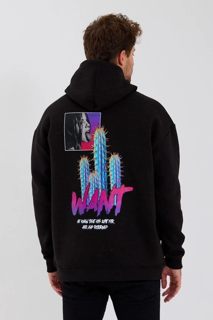 ASSEMA Erkek Baskılı Üç İplik Kapüşonlu Oversize Sweatshirt - Siyah