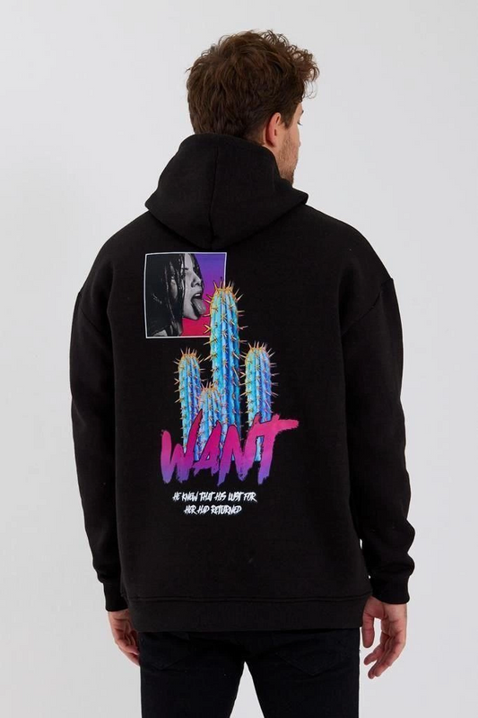 ASSEMA Erkek Baskılı Üç İplik Kapüşonlu Oversize Sweatshirt - Siyah