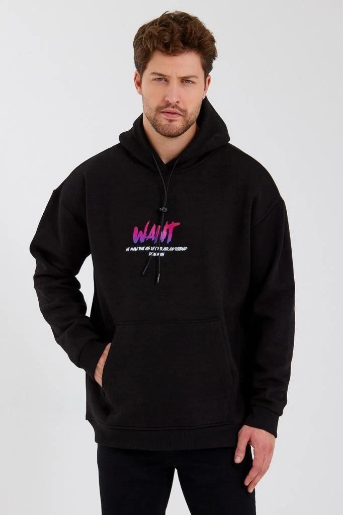 ASSEMA Erkek Baskılı Üç İplik Kapüşonlu Oversize Sweatshirt - Siyah