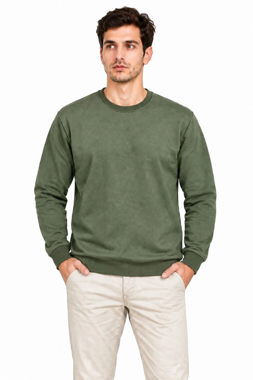 Erkek Bisiklet Yaka İçi Şardonlu 2 İplik Düz Uzun Kollu Regular Fit Sweatshirt -Haki