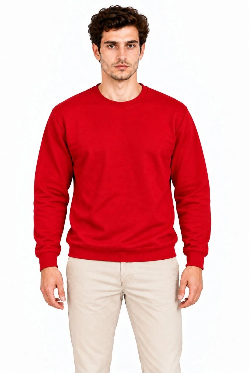 Erkek Bisiklet Yaka İçi Şardonlu 2 İplik Düz Uzun Kollu Regular Fit Sweatshirt - Kırmızı