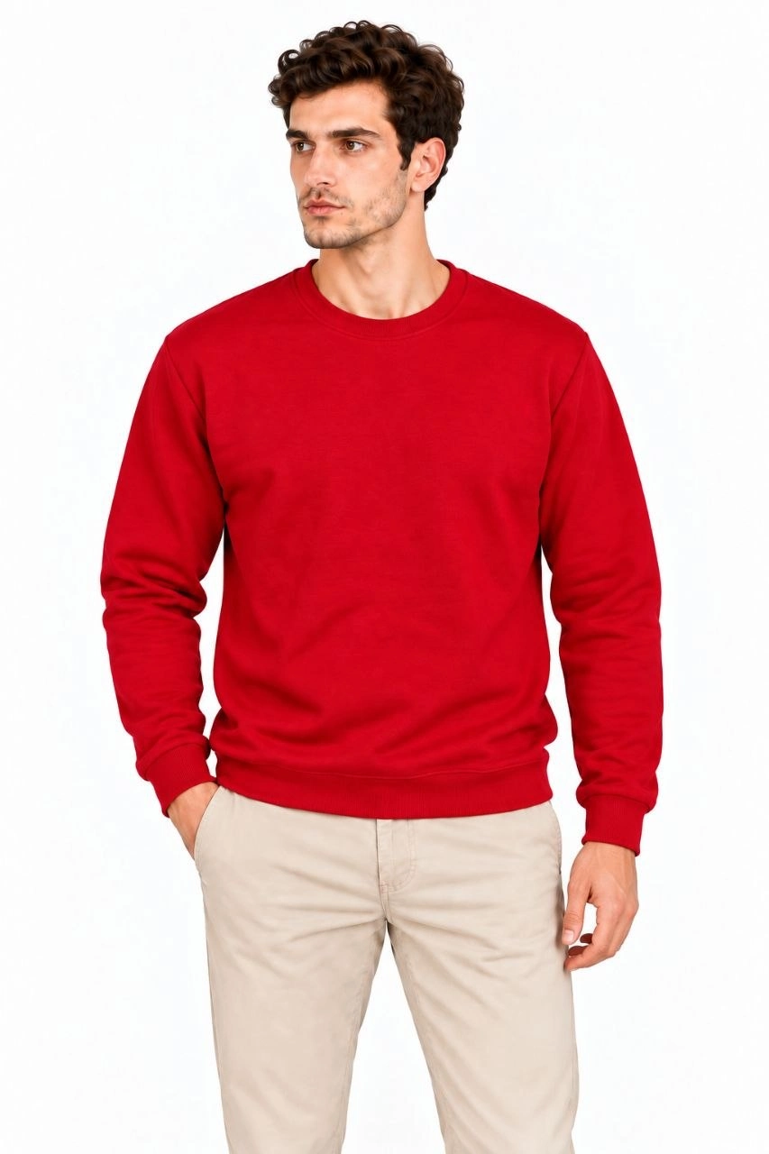 Erkek Bisiklet Yaka İçi Şardonlu 2 İplik Düz Uzun Kollu Regular Fit Sweatshirt - Kırmızı