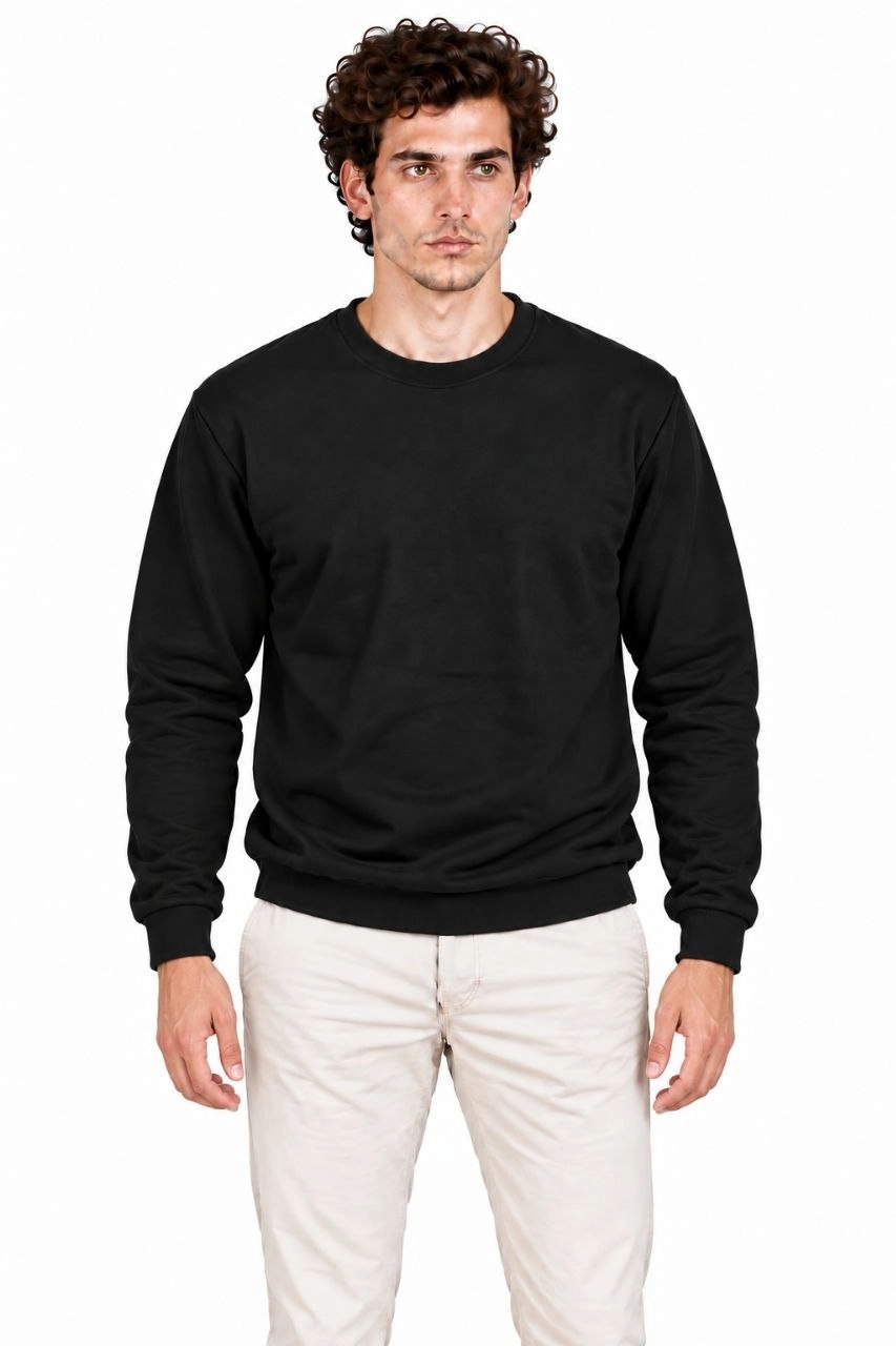 Erkek Bisiklet Yaka İçi Şardonlu 2 İplik Düz Uzun Kollu Regular Fit Sweatshirt - Siyah