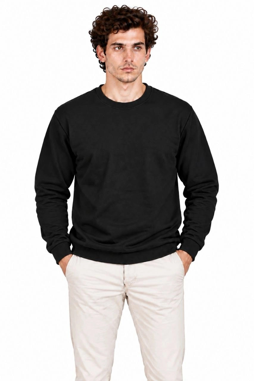 Erkek Bisiklet Yaka İçi Şardonlu 2 İplik Düz Uzun Kollu Regular Fit Sweatshirt - Siyah