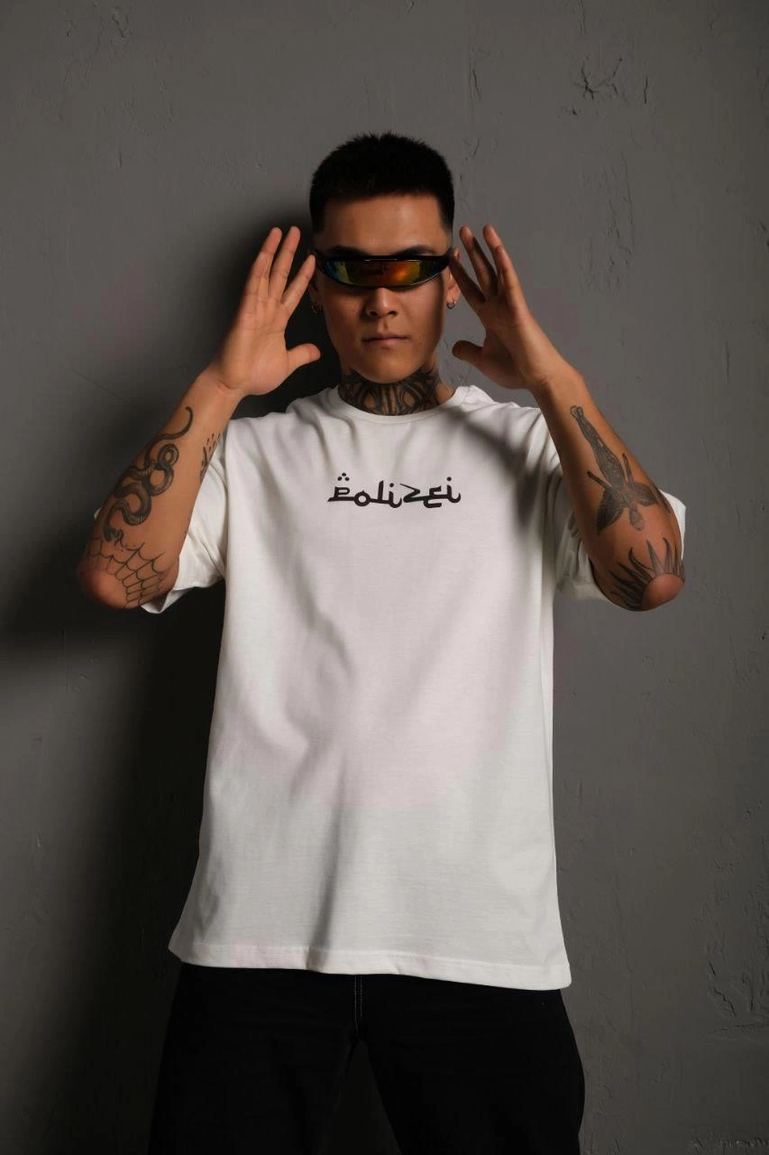 ASSEMA Erkek Bisiklet Yakalı Sırt Baskılı  Kısa kol Oversize T-Shirt - Beyaz