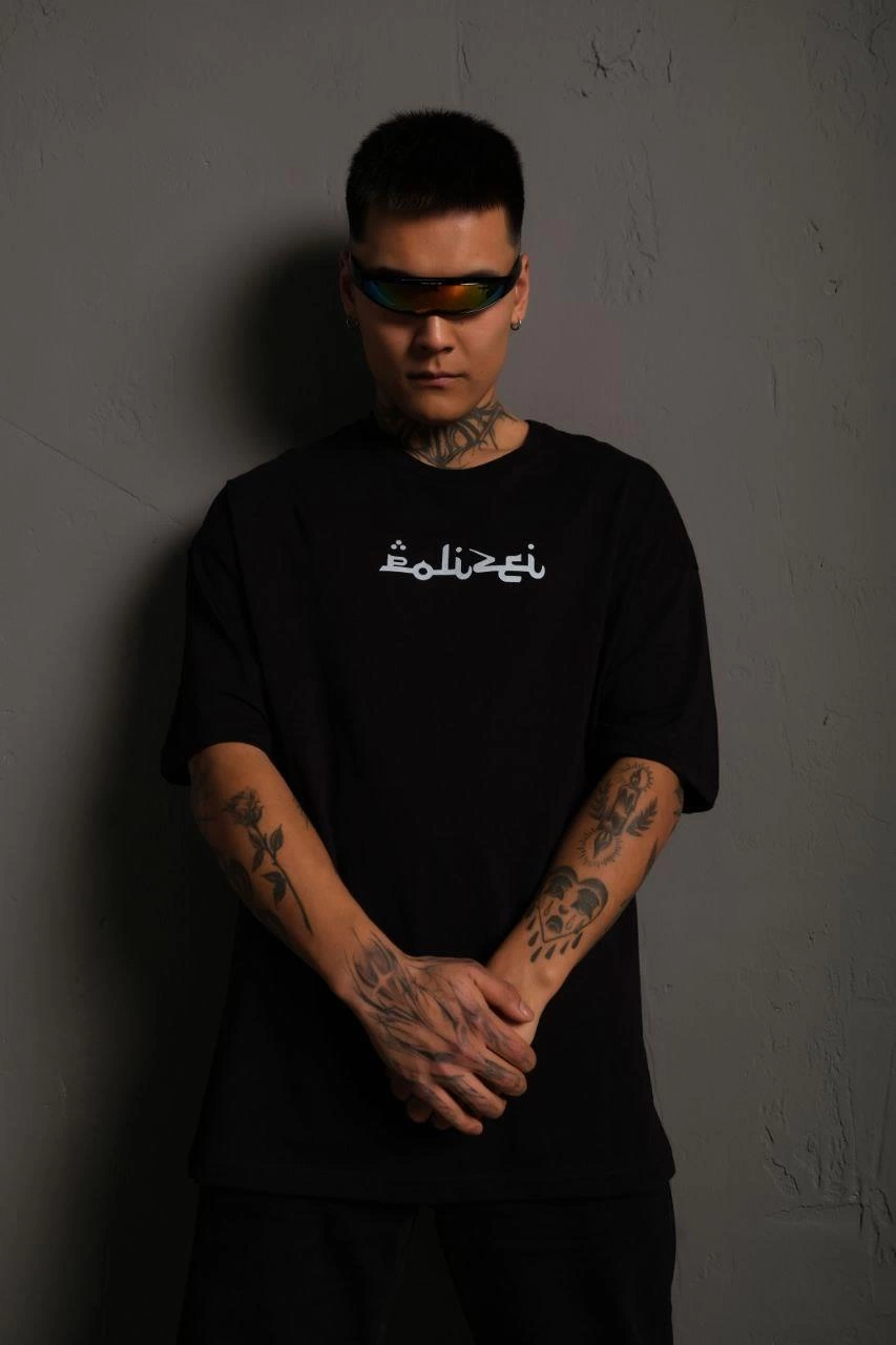 ASSEMA Erkek Bisiklet Yakalı Sırt Baskılı Kısa kol  Oversize T-Shirt - Siyah