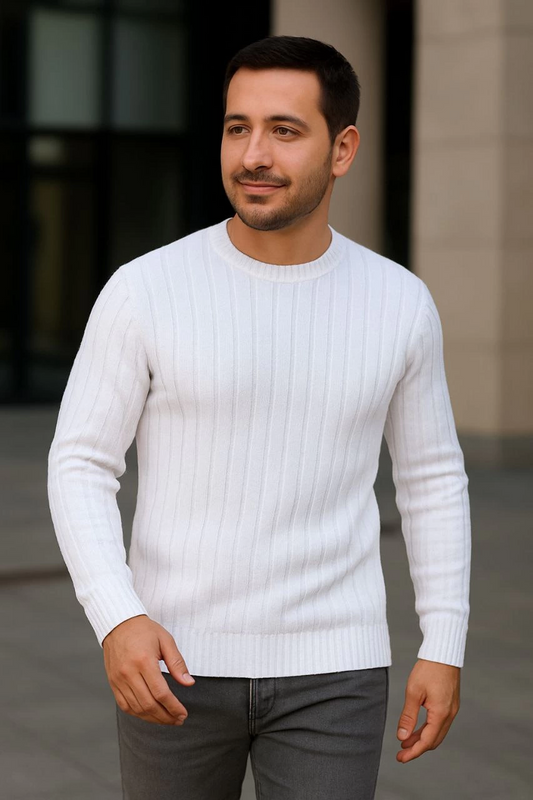 ASSEMA Erkek Bisiklet Yuvarlak Yaka Triko Kazak Pamuklu Kalın Fitilli Dokuma Regular Fit - Beyaz