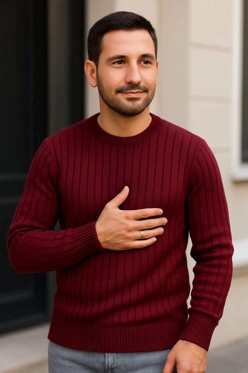ASSEMA Erkek Bisiklet Yuvarlak Yaka Triko Kazak Pamuklu Kalın Fitilli Dokuma, Regular Fit Uzun Kollu Kışlık Model - Bordo