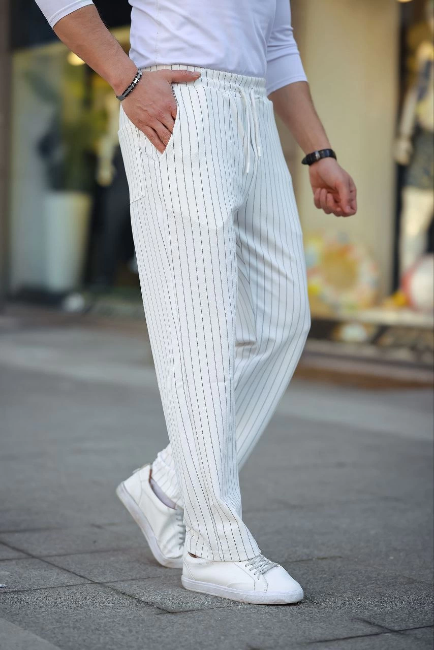 ASSEMA Erkek Cizgili Dokuma Krep Jogger Buggy Pantalon Rahat kalıp - Beyaz