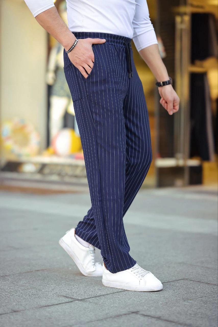 ASSEMA Erkek Cizgili Dokuma Krep Jogger Buggy Pantalon Rahat kalıp - Lacivert
