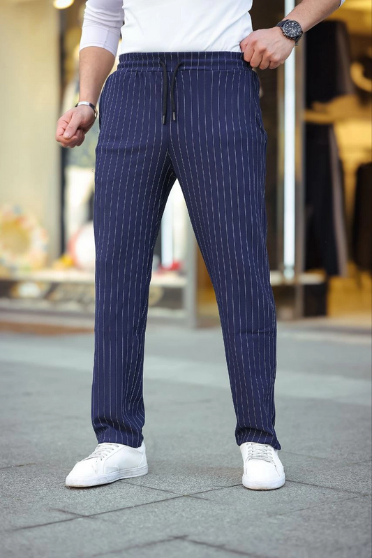 ASSEMA Erkek Cizgili Dokuma Krep Jogger Buggy Pantalon Rahat kalıp - Lacivert