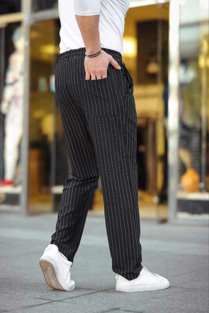 ASSEMA Erkek Cizgili Dokuma Krep Jogger Buggy Pantalon Rahat kalıp - Siyah