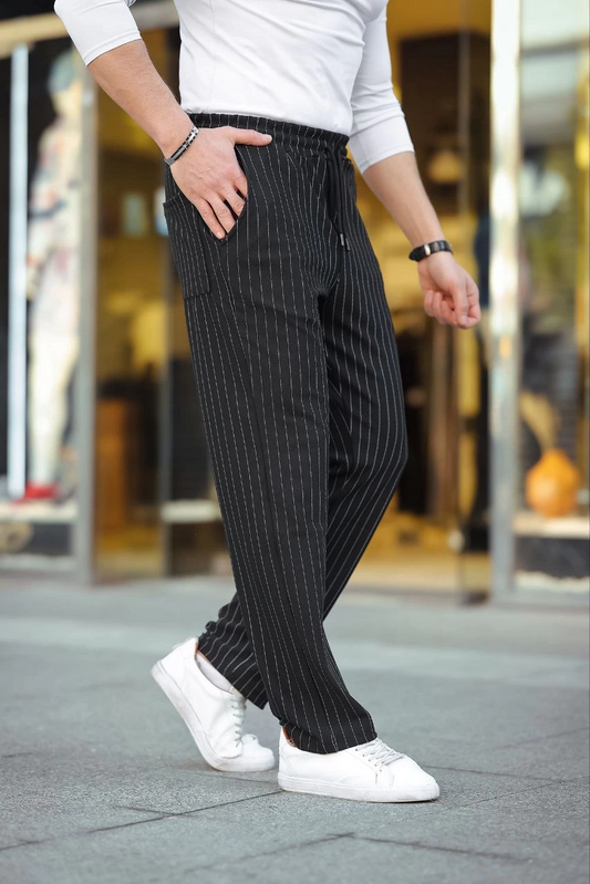 ASSEMA Erkek Cizgili Dokuma Krep Jogger Buggy Pantalon Rahat kalıp - Siyah
