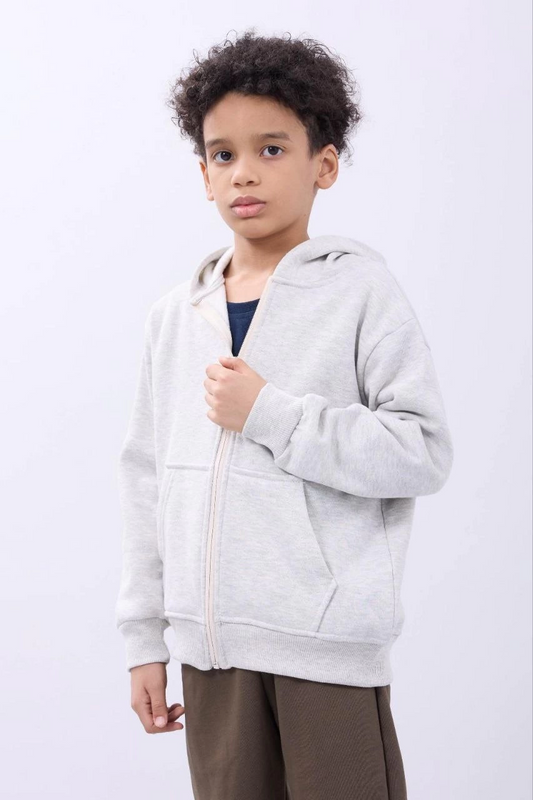 ASSEMA Erkek Çocuk Kapüşonlu Kanguru Çepli Tam Fermuarlı Hırka SweatShirt - Gri