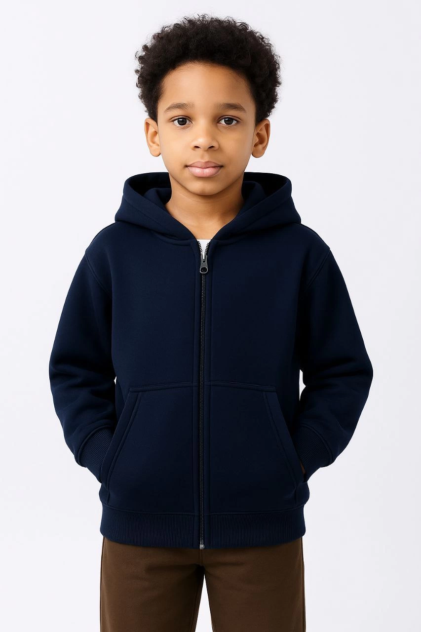 ASSEMA Erkek Çocuk Kapüşonlu Kanguru Çepli Tam Fermuarlı Hırka SweatShirt - Lacivert