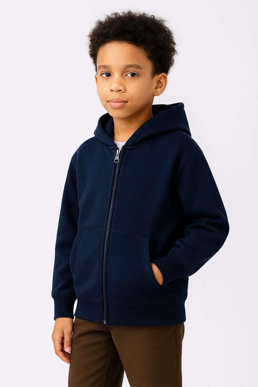 ASSEMA Erkek Çocuk Kapüşonlu Kanguru Çepli Tam Fermuarlı Hırka SweatShirt - Lacivert