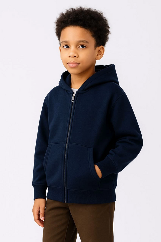 ASSEMA Erkek Çocuk Kapüşonlu Kanguru Çepli Tam Fermuarlı Hırka SweatShirt - Lacivert