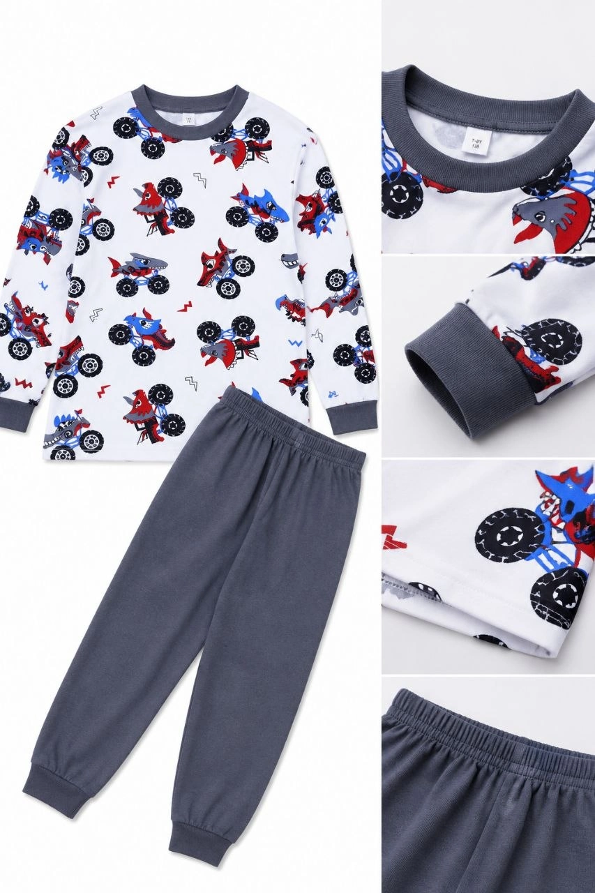 Erkek Çocuk Premium Penye Canavar Araba Desenli Uzun Kollu Pijama Takımı 2-11 Yaş - Füme