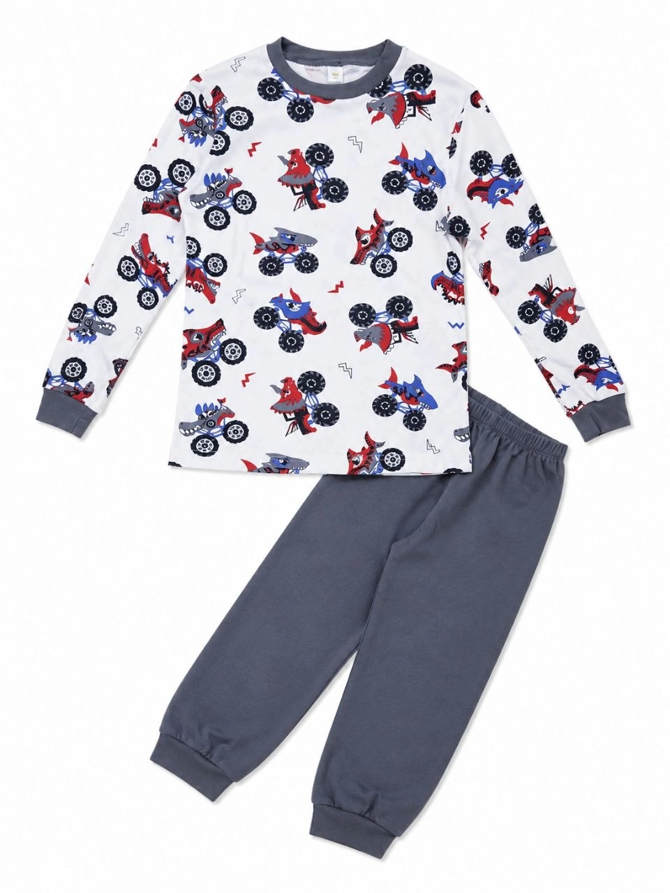 Erkek Çocuk Premium Penye Canavar Araba Desenli Uzun Kollu Pijama Takımı 2-11 Yaş - Füme