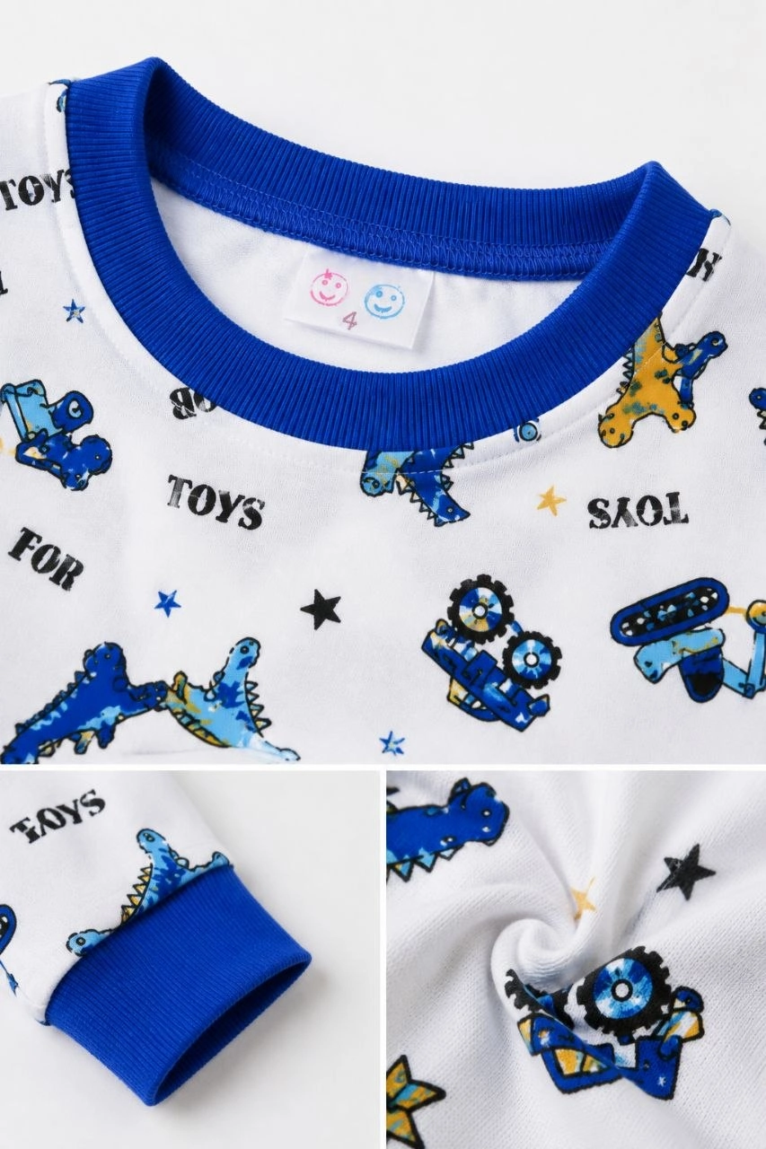 Erkek Çocuk Premium Penye Dinozor Desenli Uzun Kollu Pijama Takımı 2-11 Yaş - Mavi