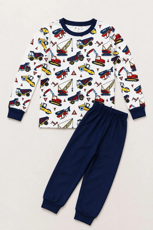 Erkek Çocuk Premium Penye İş Makinesi Desenli Uzun Kollu Pijama Takımı 2-11 Yaş - Lacivert