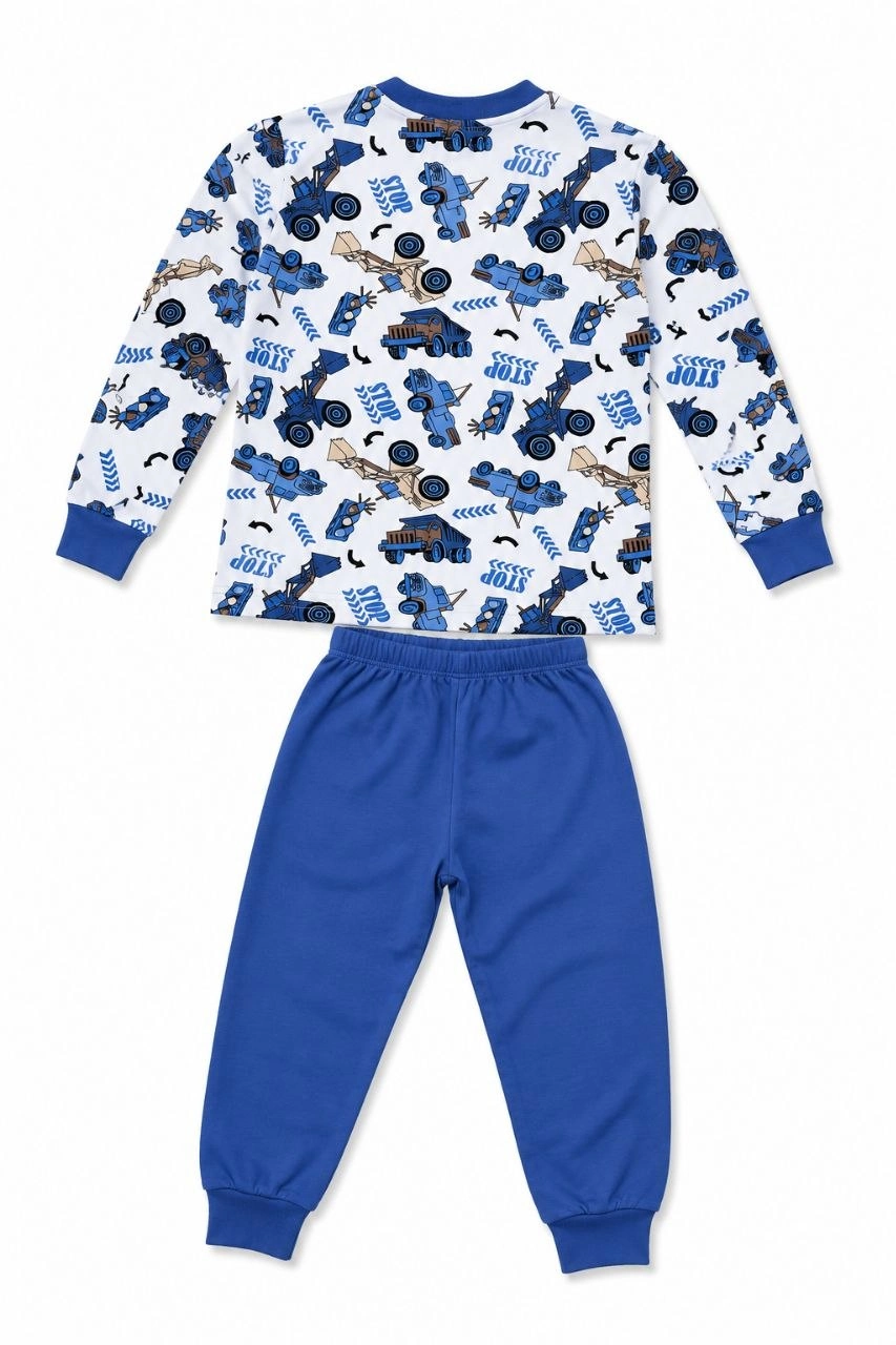 Erkek Çocuk Premium Penye İş Makinesi Desenli Uzun Kollu Pijama Takımı 2-11 Yaş - Mavi