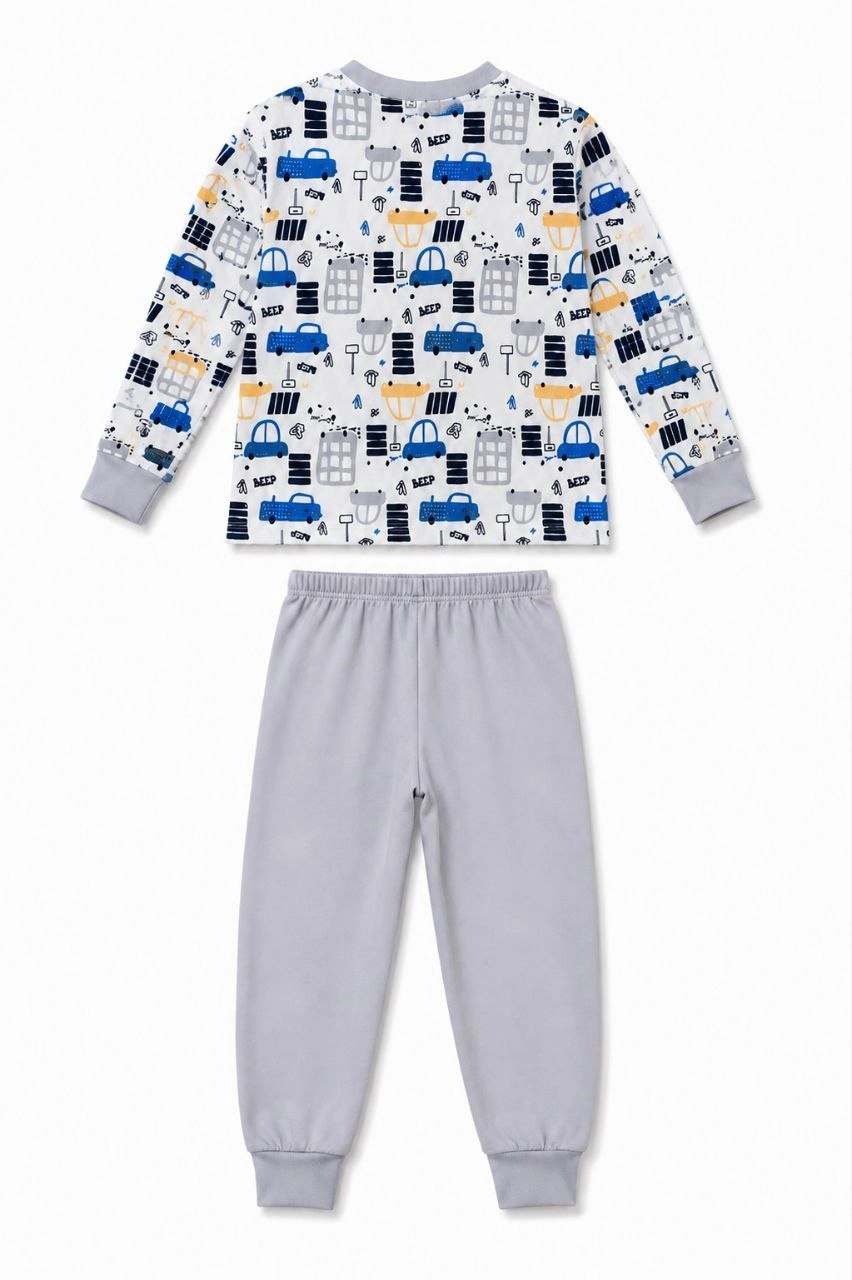 Erkek Çocuk Premium Penye Uzun Kollu Desenli Pijama Takımı 2-11 Yaş - Gri