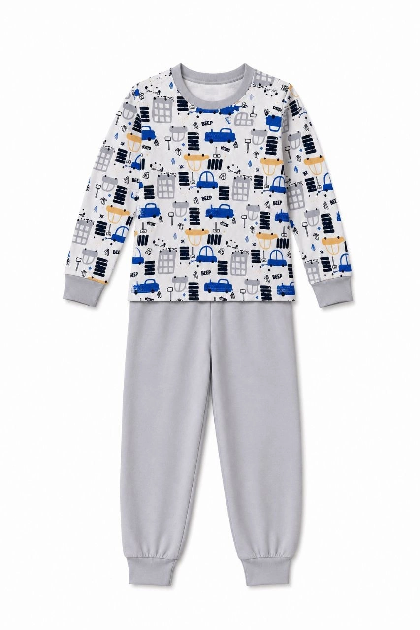 Erkek Çocuk Premium Penye Uzun Kollu Desenli Pijama Takımı 2-11 Yaş - Gri