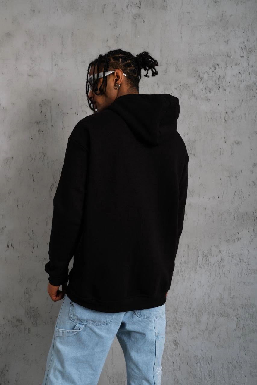 ASSEMA Erkek Oversize Kapüşonlu Sweatshirt Siyah Üç İplik İçi Pamuklu Kanguru Cepli - Siyah