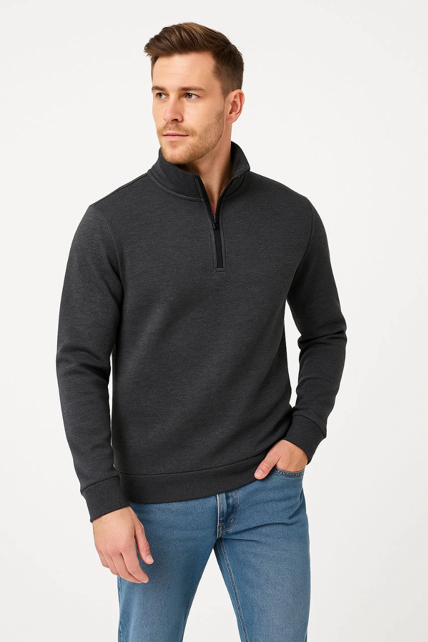 ASSEMA Erkek Dik Yaka Sweatshirt Dik Yaka Yarım Fermuarlı 3 İplik Şardonlu Pamuk Kumaş - Antrasit