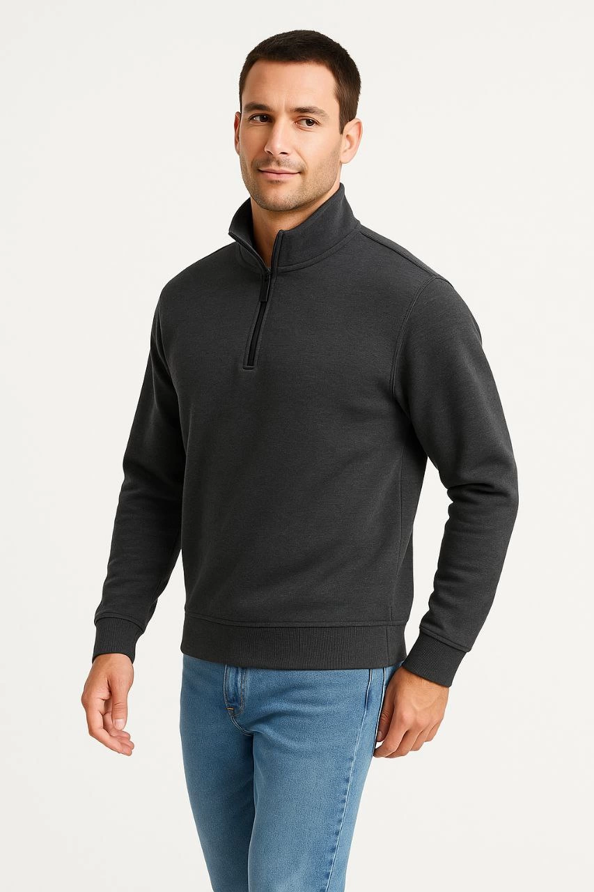 ASSEMA Erkek Dik Yaka Sweatshirt Dik Yaka Yarım Fermuarlı 3 İplik Şardonlu Pamuk Kumaş - Antrasit