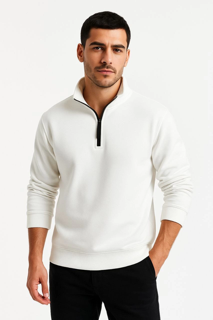 ASSEMA Erkek Dik Yaka Sweatshirt Dik Yaka Yarım Fermuarlı 3 İplik Şardonlu Pamuk Kumaş - Beyaz