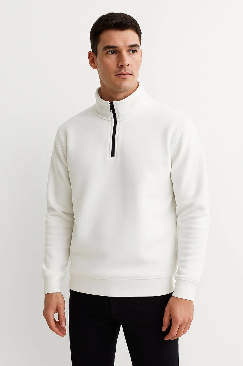 ASSEMA Erkek Dik Yaka Sweatshirt Dik Yaka Yarım Fermuarlı 3 İplik Şardonlu Pamuk Kumaş - Beyaz