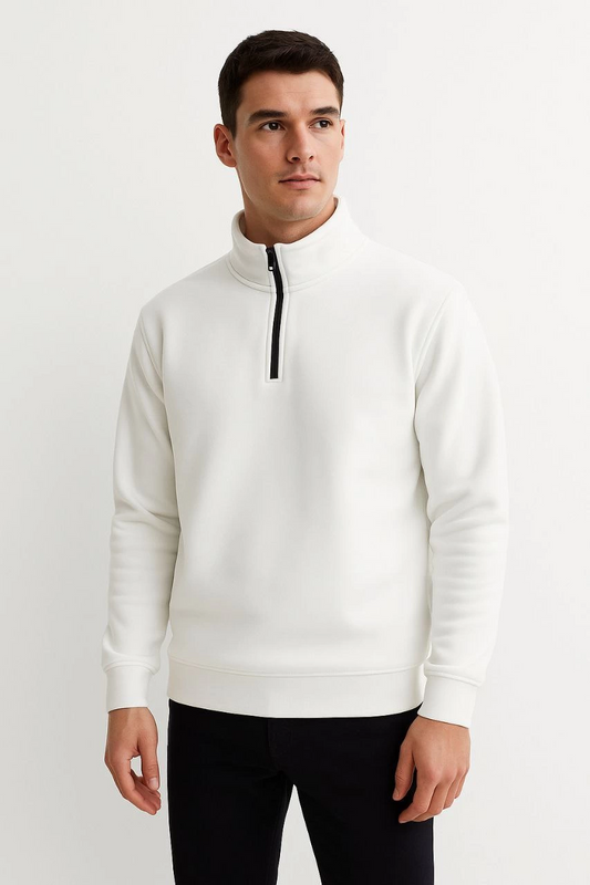 ASSEMA Erkek Dik Yaka Sweatshirt Dik Yaka Yarım Fermuarlı 3 İplik Şardonlu Pamuk Kumaş - Beyaz