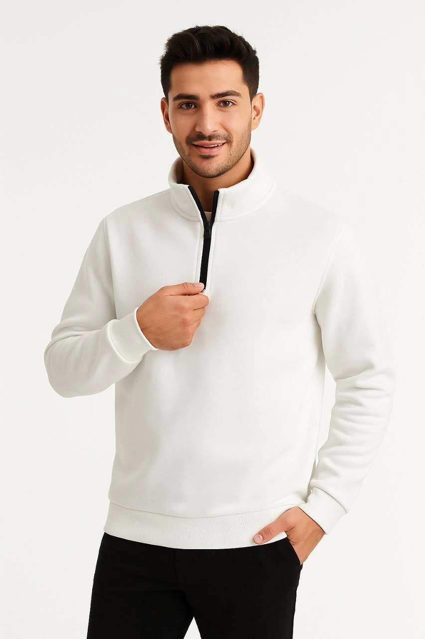 ASSEMA Erkek Dik Yaka Sweatshirt Dik Yaka Yarım Fermuarlı 3 İplik Şardonlu Pamuk Kumaş - Beyaz