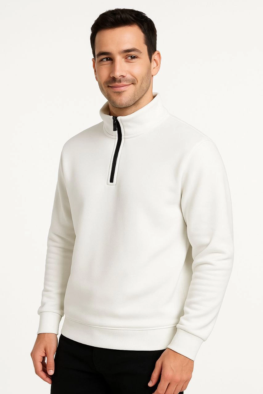 ASSEMA Erkek Dik Yaka Sweatshirt Dik Yaka Yarım Fermuarlı 3 İplik Şardonlu Pamuk Kumaş - Beyaz