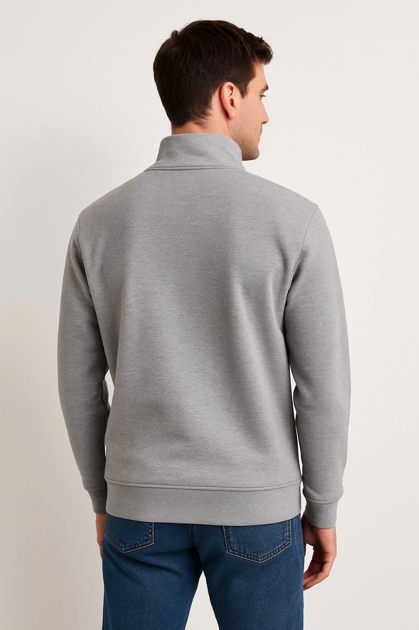 ASSEMA Erkek Dik Yaka Sweatshirt Dik Yaka Yarım Fermuarlı 3 İplik Şardonlu Pamuk Kumaş - Gri