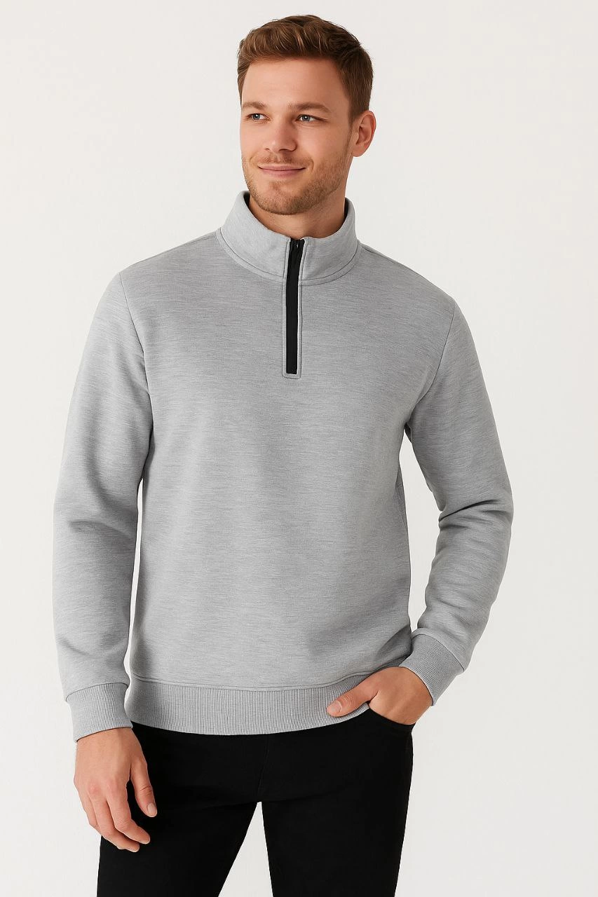 ASSEMA Erkek Dik Yaka Sweatshirt Dik Yaka Yarım Fermuarlı 3 İplik Şardonlu Pamuk Kumaş - Gri