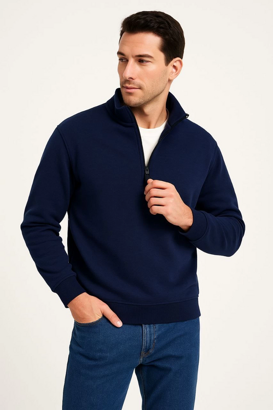 ASSEMA Erkek Dik Yaka Sweatshirt Dik Yaka Yarım Fermuarlı 3 İplik Şardonlu Pamuk Kumaş - Lacivert