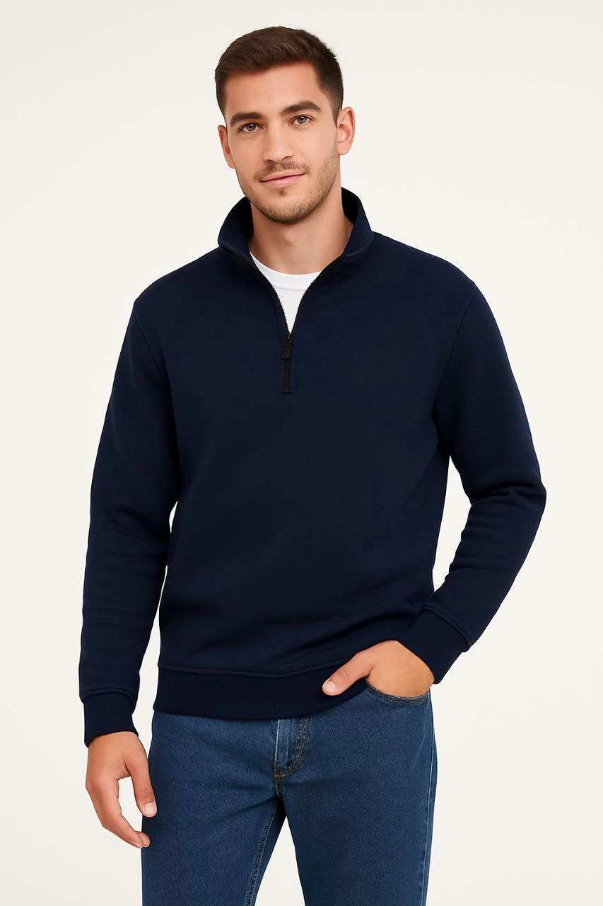 ASSEMA Erkek Dik Yaka Sweatshirt Dik Yaka Yarım Fermuarlı 3 İplik Şardonlu Pamuk Kumaş - Lacivert